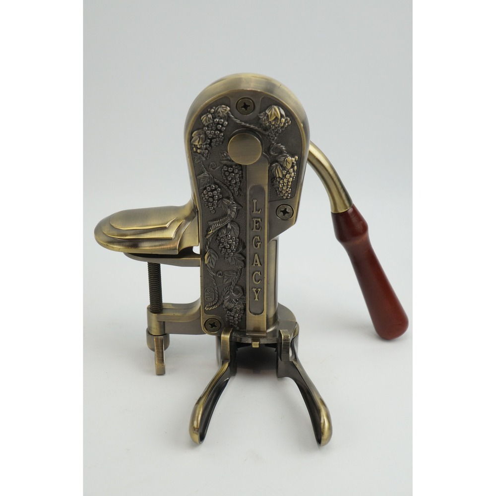 Legacy Wine Enthusiast Opener Corkscrew Brass Grape Relief Table Mount Clamp EUC